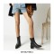 Pointed Toe Chic Medium Wooden Block Heels Ankle High Autumn Boots - Black
