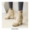 Round Toe Cuban Heels Ankle Buckle Straps Lace Up Boots with Back Zipper - Beige