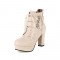 Round Toe Cuban Heels Ankle Buckle Straps Lace Up Boots with Back Zipper - Beige