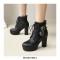 Round Toe Cuban Heels Ankle Buckle Straps Lace Up Boots with Back Zipper - Black