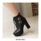 Round Toe Cuban Heels Ankle Buckle Straps Lace Up Boots with Back Zipper - Black
