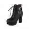 Round Toe Cuban Heels Ankle Buckle Straps Lace Up Boots with Back Zipper - Black