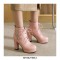 Round Toe Cuban Heels Ankle Buckle Straps Lace Up Boots with Back Zipper - Pink