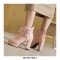 Round Toe Cuban Heels Ankle Buckle Straps Lace Up Boots with Back Zipper - Pink