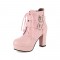 Round Toe Cuban Heels Ankle Buckle Straps Lace Up Boots with Back Zipper - Pink