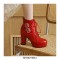 Round Toe Cuban Heels Ankle Buckle Straps Lace Up Boots with Back Zipper - Red