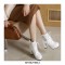 Round Toe Cuban Heels Ankle Buckle Straps Lace Up Boots with Back Zipper - White