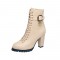 Round Toe Chunky Heels Side Zipper LaceUp Decorated Straps Winter Boots - Beige