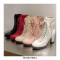 Round Toe Chunky Heels Side Zipper LaceUp Decorated Straps Winter Boots - Black