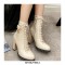 Round Toe Chunky Heels Side Zipper LaceUp Decorated Straps Winter Boots - Beige