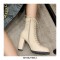 Round Toe Chunky Heels Side Zipper LaceUp Decorated Straps Winter Boots - Beige