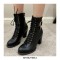 Round Toe Chunky Heels Side Zipper LaceUp Decorated Straps Winter Boots - Black