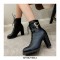 Round Toe Chunky Heels Side Zipper LaceUp Decorated Straps Winter Boots - Black
