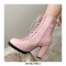 Round Toe Chunky Heels Side Zipper LaceUp Decorated Straps Winter Boots - Pink