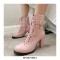 Round Toe Chunky Heels Side Zipper LaceUp Decorated Straps Winter Boots - Pink