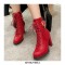 Round Toe Chunky Heels Side Zipper LaceUp Decorated Straps Winter Boots - Red