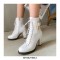 Round Toe Chunky Heels Side Zipper LaceUp Decorated Straps Winter Boots - White