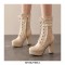 Round Toe Chunky Square Heels Ankle Lace Up Lolita Boots with Side Zipper - Beige