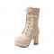 Round Toe Chunky Square Heels Ankle Lace Up Lolita Boots with Side Zipper - Beige