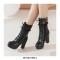 Round Toe Chunky Square Heels Ankle Lace Up Lolita Boots with Side Zipper - Black