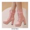 Round Toe Chunky Square Heels Ankle Lace Up Lolita Boots with Side Zipper - Pink