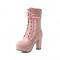 Round Toe Chunky Square Heels Ankle Lace Up Lolita Boots with Side Zipper - Pink