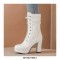 Round Toe Chunky Square Heels Ankle Lace Up Lolita Boots with Side Zipper - White