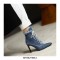 Pointed Toe Italian Stiletto Heels Lace Up Denim Jean Ankle Booties - Blue