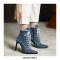 Pointed Toe Italian Stiletto Heels Lace Up Denim Jean Ankle Booties - Blue