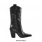 Block Heel Knee High Pointed Toe Pull On Cowboy Western Booties with Side Zipper - Black