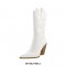 Block Heel Knee High Pointed Toe Pull On Cowboy Western Booties with Side Zipper - White