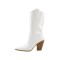 Block Heel Knee High Pointed Toe Pull On Cowboy Western Booties with Side Zipper - White