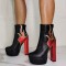 Round Toe Ankle High Side Zipper Chunky Heels Platforms Punk Flame Boots - Black Red
