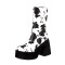 Round Toe Chunky Heels Side Zipper Cow Pattern Ankle Highs Platforms Boots - White Black Faux Leather