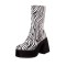Round Toe Chunky Heels Side Zipper Zebra Pattern Ankle Highs Platforms Boots - White Black Faux Leather