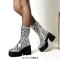 Round Toe Chunky Heels Side Zipper Zebra Pattern Ankle Highs Platforms Boots - White Black Faux Leather