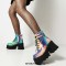 Round Toe Chunky Heels Lace Up Ankle Buckle Straps Zipper Platforms Boots - Blue