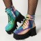 Round Toe Chunky Heels Lace Up Ankle Buckle Straps Zipper Platforms Boots - Blue