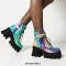 Round Toe Chunky Heels Lace Up Ankle Buckle Straps Zipper Platforms Boots - Blue