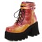 Round Toe Chunky Heels Lace Up Ankle Buckle Straps Zipper Platforms Boots - Red