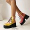 Round Toe Chunky Heels Lace Up Ankle Buckle Straps Zipper Platforms Boots - Red
