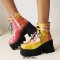 Round Toe Chunky Heels Lace Up Ankle Buckle Straps Zipper Platforms Boots - Red