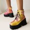 Round Toe Chunky Heels Lace Up Ankle Buckle Straps Zipper Platforms Boots - Red