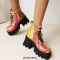 Round Toe Chunky Heels Lace Up Ankle Buckle Straps Zipper Platforms Boots - Red