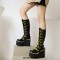 Round Toe Knee Highs Platforms Buckle Straps Smile Wedges Boots - Black