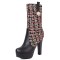 Round Toe Spike Heels Platforms Tweed Fabric Knee Highs Zipper Booties - Black