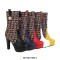 Round Toe Spike Heels Platforms Tweed Fabric Knee Highs Zipper Booties - Black