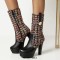 Round Toe Spike Heels Platforms Tweed Fabric Knee Highs Zipper Booties - Black