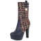 Round Toe Spike Heels Platforms Tweed Fabric Knee Highs Zipper Booties - Blue