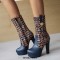 Round Toe Spike Heels Platforms Tweed Fabric Knee Highs Zipper Booties - Blue